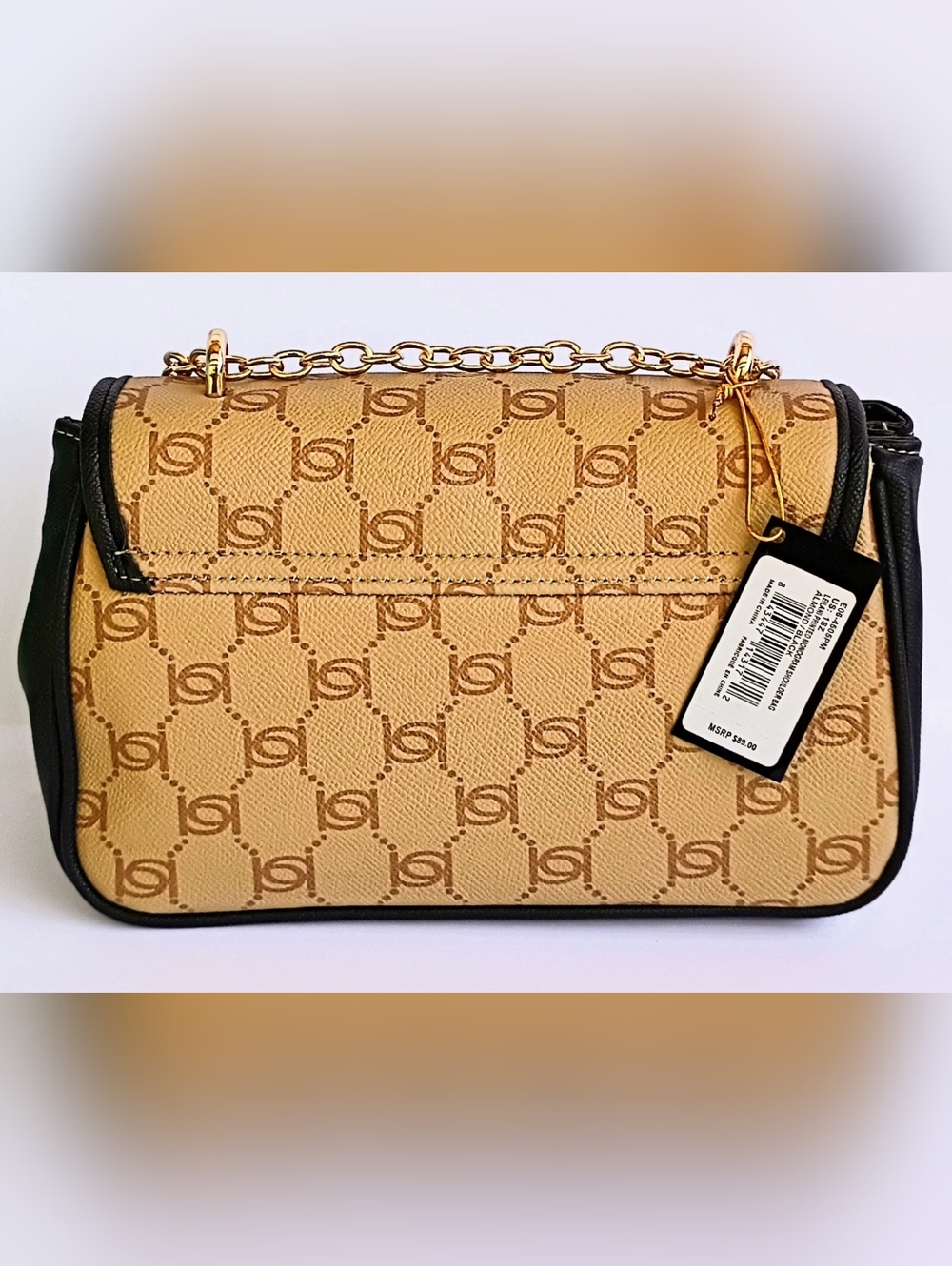 Bebe Leilani Monogram Shoulder Bag Gold Chain NWT Beige Black Crossbody - Picture 3 of 8